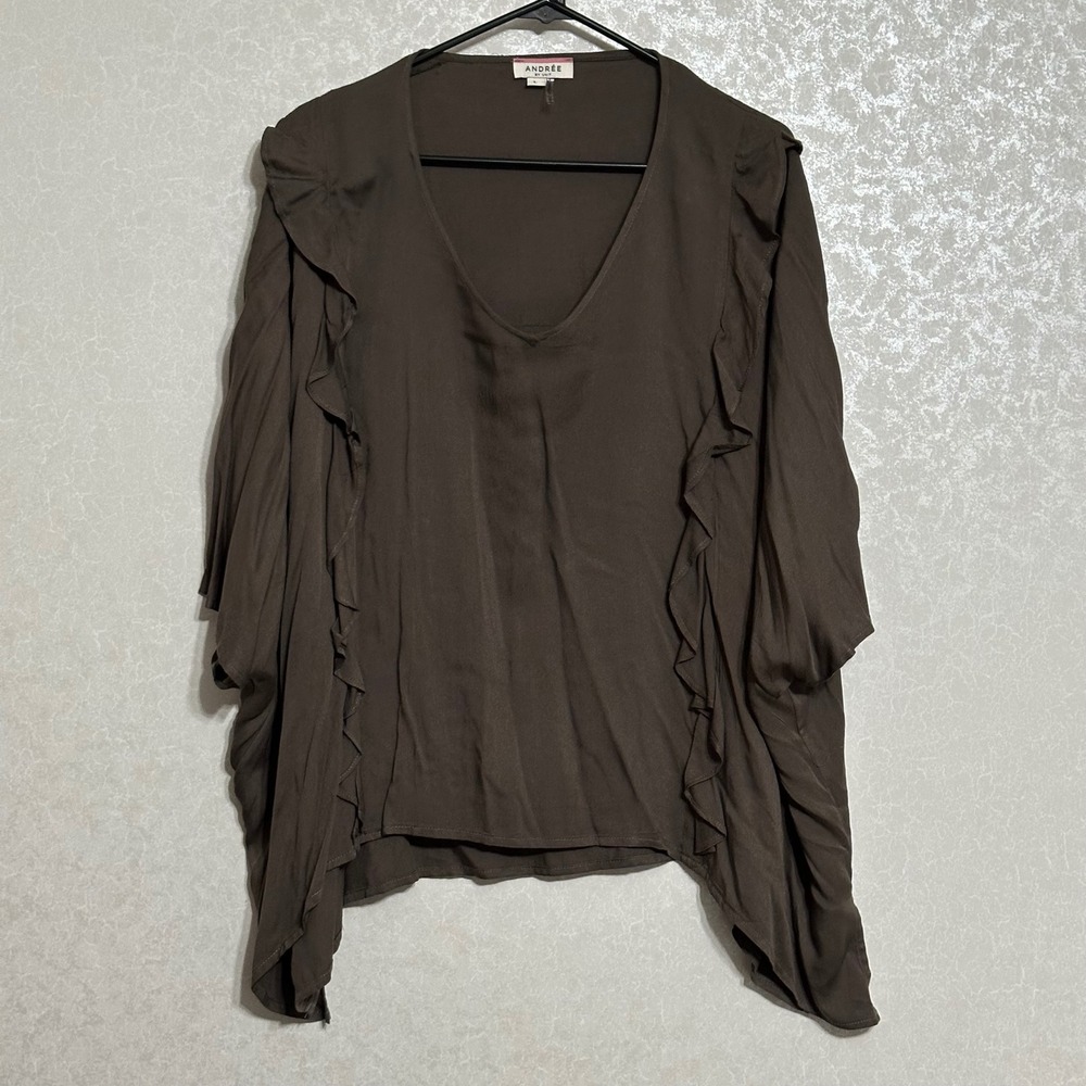 Andree by Unit Olive Green Ruffle Sleeve V-Neck Poncho Caftan‎ Blouse Top Boho L